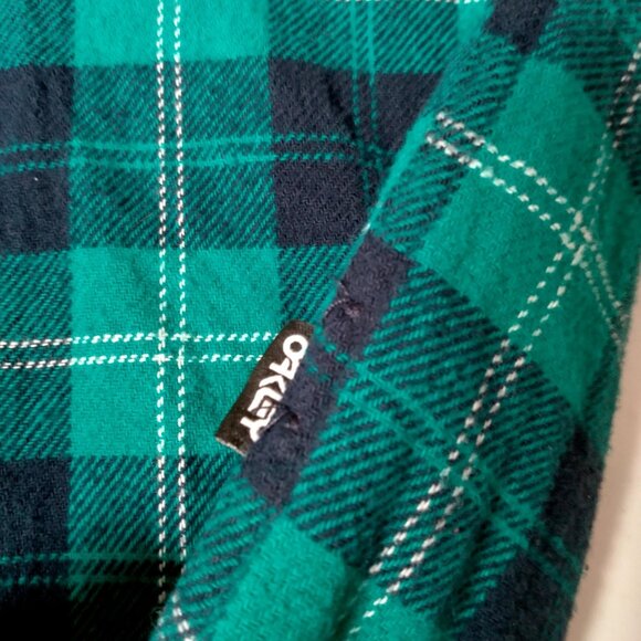 Vintage 1990s Oakley Shirt XL Teal Black Flannel Hooded Skater Long Skate Retro - Picture 14 of 16